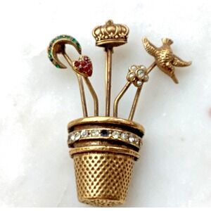 Signed Jeanne Schrager Thimble Stick Pin Basket Vintage Brooch Gold Tone Crown